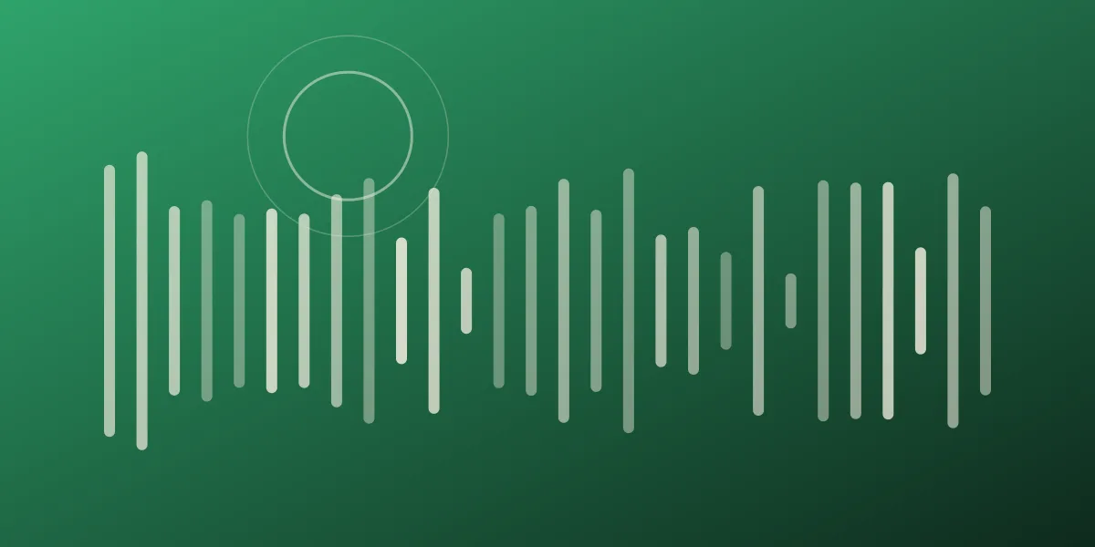 Abstract waveform in coral and soft blue breaking into a chain of small message bubbles, representing a missed call turned into a conversation