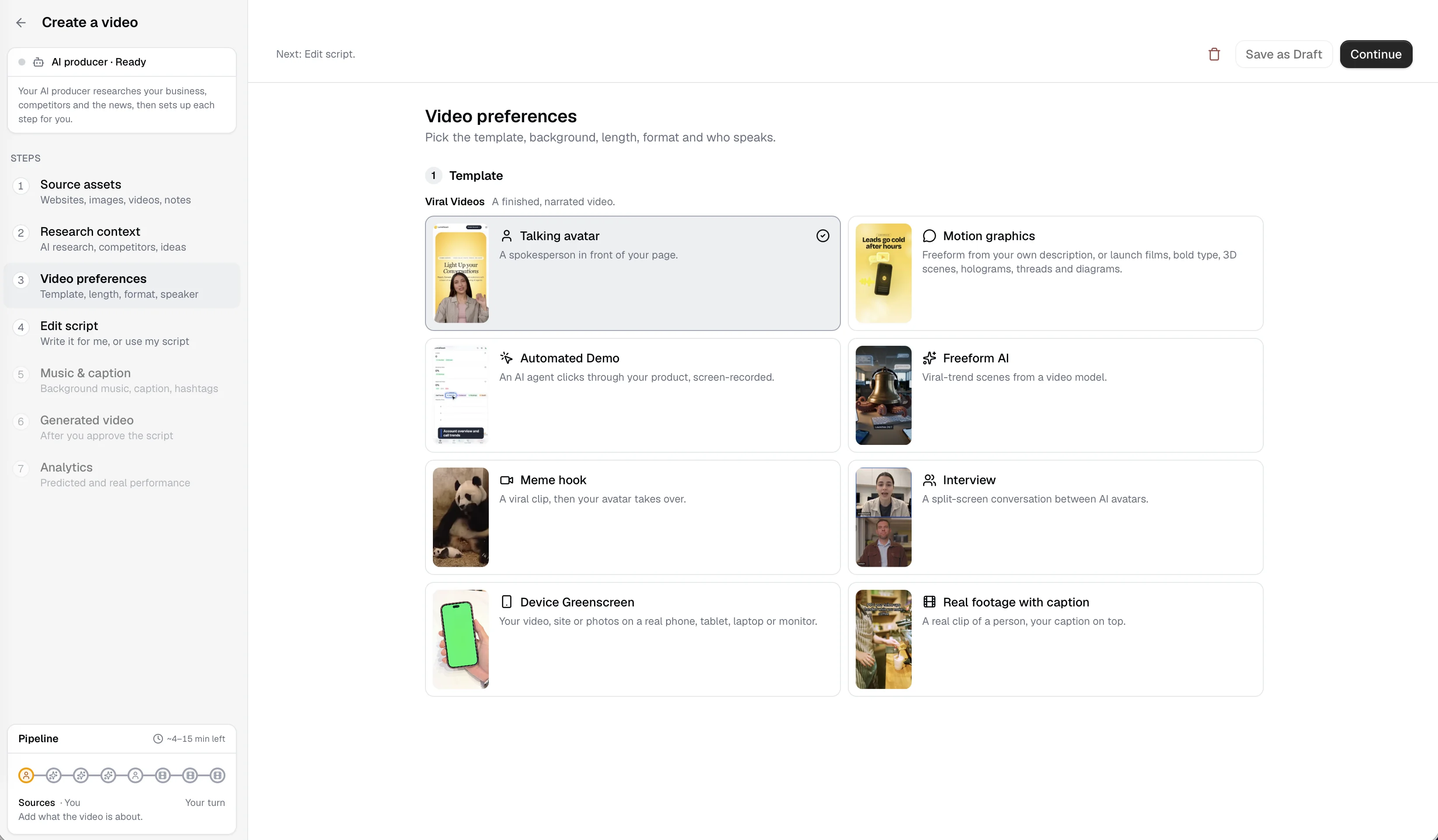 Create Video in LumisReach: the Video preferences step, a template picker with Talking avatar, Motion graphics, Automated Demo, Freeform UGC and more, beside the seven-step sidebar and the AI producer.